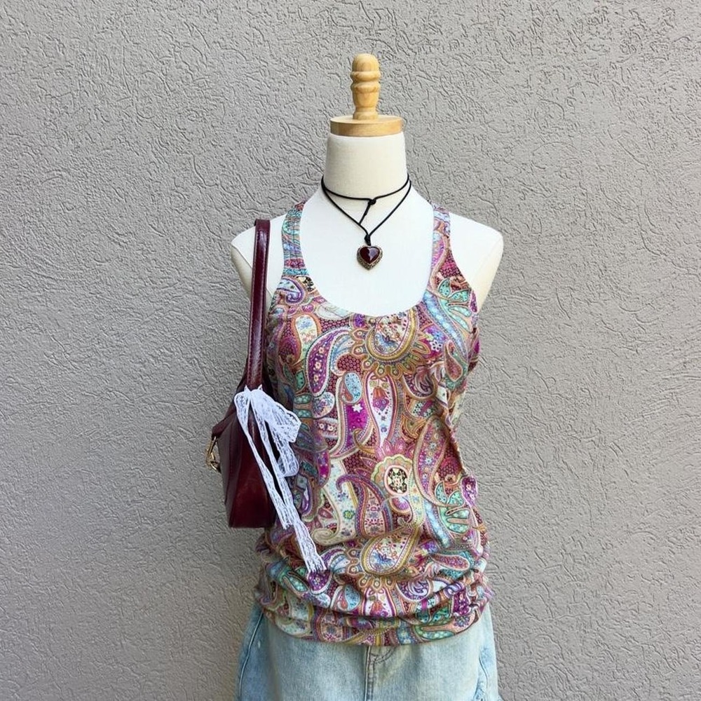Vintage Y2K Self Esteem Multi-Colored Paisley Tank Top Hippie Festival Sz Small